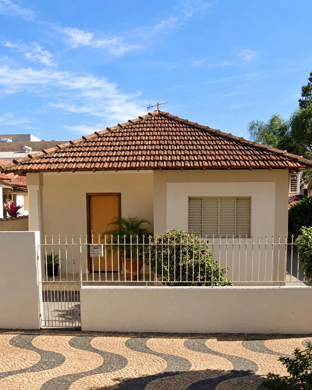Fachada de residência urbana com portão e jardim